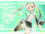  1girl aaru detached_sleeves green_eyes green_hair hatsune_miku headphones long_hair necktie open_mouth skirt solo thighhighs twintails very_long_hair vocaloid 