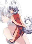  1girl ahoge animal_ears arms_behind_back blush breasts chinese_clothes highres inubashiri_momiji kouno_ibuki looking_at_viewer looking_over_shoulder open_mouth panties red_eyes short_hair silver_hair simple_background solo tail touhou underwear white_background wolf_ears wolf_tail 