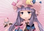  2girls ascot bangs bat_wings blunt_bangs blush commentary_request crescent hair_ribbon hammer_(sunset_beach) hat long_hair multiple_girls open_mouth patchouli_knowledge purple_hair remilia_scarlet ribbon short_hair silver_hair skirt skirt_set sparkle touhou violet_eyes wings wrist_cuffs 