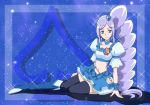  1girl aono_miki blue_background blue_legwear blue_skirt boots choker cure_berry drill_hair earrings eyelashes fresh_precure! frilled_skirt frills hair_ornament hairband happy heart heart_hair_ornament jewelry knee_boots long_hair looking_at_viewer magical_girl midriff moritakusan navel ponytail precure puffy_sleeves purple_hair shirt side_ponytail sitting skirt smile solo thigh-highs thighs violet_eyes wrist_cuffs zettai_ryouiki 