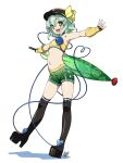  1girl alternate_costume boots eyeball fingerless_gloves gloves green_eyes green_hair hat heart heart_of_string high_heels hyouju_issei komeiji_koishi looking_at_viewer midriff navel open_mouth outstretched_arms platform_footwear racequeen shorts simple_background smile solo thigh-highs thigh_boots third_eye touhou white_background 