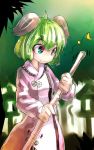  1girl animal_ears bamboo_broom broom dress green_eyes green_hair hashiro kasodani_kyouko musical_note short_hair smile solo touhou 
