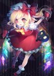  1girl ascot blonde_hair bow dress flandre_scarlet glowing glowing_wings hat hat_bow highres laevatein mob_cap open_mouth puffy_short_sleeves puffy_sleeves red_dress red_eyes shirt short_sleeves side_ponytail smile solo suzuka_sario touhou wings wrist_cuffs 