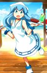  1girl aqua_eyes beach blue_hair dishes dress food hat ice_cream ikamusume k.ei long_hair open_mouth shinryaku!_ikamusume solo tentacle_hair 
