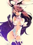  1girl agnes_oblige animal_ears bare_shoulders black_gloves bravely_default:_flying_fairy breasts brown_hair cleavage_cutout elbow_gloves fake_animal_ears gloves hirano_katsuyuki large_breasts long_hair navel navel_cutout open_mouth rabbit_ears solo thigh-highs 