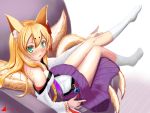  1girl animal_ears artist_request bangs bare_shoulders blonde_hair blush breasts cleavage couch dated fox_ears green_eyes highres japanese_clothes kimono kitsune light_smile lipstick long_hair looking_at_viewer lying makeup mon-musu_quest! monster_girl multiple_tails payot shadow sitting small_breasts socks solo tail tamamo_(mon-musu_quest!) tattoo watermark 