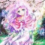  .hack// .hack//games 1girl 2012 aura_(.hack//) blue_eyes butterfly cherry_blossoms dress guilty_dragon infinity long_hair minimaru nature purple_hair shawl sitting smile solo white_dress 
