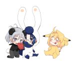  3girls ahoge arcueid_brunestud blonde_hair blue_eyes blue_hair chibi ciel food fruit glasses grey_eyes grey_hair meowstic meowstic_(cosplay) multiple_girls pancham pancham_(cosplay) pikachu pikachu_(cosplay) pikakoya red_eyes riesbyfe_stridberg sitting tongue tsukihime 