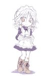  1girl alternate_eye_color apron boots bow braid brown_boots brown_eyes chibi cup hair_bow izayoi_sakuya long_sleeves looking_at_viewer maid maid_apron maid_headdress monochrome puffy_sleeves satou_kibi saucer smile solo teacup touhou tray twin_braids white_background white_hair 