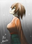  1girl aa_(sin2324) breasts brown_eyes brown_hair hiryuu_(kantai_collection) japanese_clothes kantai_collection long_sleeves looking_up open_mouth personification rain ribbon short_hair side_ponytail skirt tears twitter_username wide_sleeves 