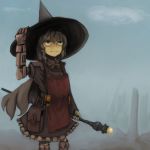  1girl cyborg hat highres original pouch prosthesis prosthetic_arm staff steeam witch witch_hat 