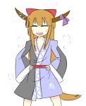  1girl bare_legs blush bow closed_eyes flat_chest hair_bow hands_on_hips happy horn_ribbon horns ibuki_suika kita_(higan) long_hair morichika_rinnosuke_(cosplay) open_mouth orange_hair ribbon simple_background smile solo steam touhou very_long_hair wide_sleeves 
