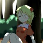  1girl against_tree aki_shizuha arm_support blonde_hair blouse blush cato_(monocatienus) closed_eyes frilled_collar frilled_shirt frills knees_together_feet_apart leaf leaf_on_head maple_leaf short_hair short_sleeves sitting sleeping small_breasts smile solo touhou tree 