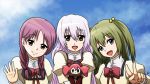  3girls athyra blue_eyes braid charlotte_(madoka_magica) chitose_yuma green_hair long_hair mahou_shoujo_madoka_magica mahou_shoujo_madoka_magica_movie mahou_shoujo_oriko_magica momoe_nagisa multicolored_eyes multiple_girls older red_eyes redhead sakura_momo school_uniform smile twin_braids twintails white_hair yellow_eyes 