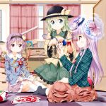  3girls alarm_clock aqua_eyes book bow bubble_skirt card clock curtains expressionless face_mask floral_print hairband hat hat_ribbon hata_no_kokoro heart highres kneeling komeiji_koishi komeiji_satori long_hair long_sleeves mask multiple_girls pink_eyes pink_hair playing_card ribbon shirt siblings silver_hair sisters sitting skirt smile third_eye tile_floor tiles touhou tsurukou_(tksymkw) very_long_hair wide_sleeves window 