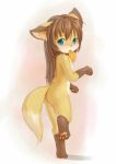  1girl animal_ears ass bangs barefoot blue_eyes blush brown_hair feet fox fox_ears fox_tail furry kagerofu long_hair looking_back mouth_hold nude original paws payot soles solo tail toes 