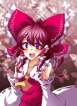  1girl ascot bare_shoulders bow brown_hair butterfly detached_sleeves hair_bow hair_tubes hakurei_reimu highres red_eyes saipin solo touhou 