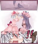  2girls bangs bat_wings blunt_bangs blush closed_eyes comb commentary_request haircut hammer_(sunset_beach) hat long_hair multiple_girls open_mouth patchouli_knowledge purple_hair remilia_scarlet scissors silver_hair skirt skirt_set smile touhou wings 