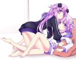  2girls adult_neptune against_furniture all_fours arm_support beanbag_chair choujigen_game_neptune d-pad hair_ornament hoodie long_hair looking_at_viewer lying minagi multiple_girls naked_hoodie neptune_(choujigen_game_neptune) on_back purple_hair shin_jigen_game_neptune_vii short_hair smile violet_eyes wavy_mouth yuri 