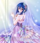  1girl blue_hair blush dress everythinghoney flower girlfriend_(kari) hair_flower hair_ornament hibara_eiko looking_at_viewer looking_back rose short_hair solo veil 