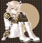  1boy armor boots japanese_armor kaximaxi leg_hug male_focus monoyoshi_sadamune pink_hair sitting smile solo thigh-highs thigh_boots touken_ranbu yellow_eyes 