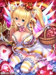 blonde_hair bowtie breasts cleavage crown harp heart heart-shaped_pupils instrument large_breasts looking_at_viewer open_mouth original ribbon-trimmed_clothes ribbon-trimmed_legwear ribbon_trim symbol-shaped_pupils twintails weapon_girls yapo 