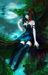  1girl akemi_homura akuma_homura bare_shoulders black_hair black_legwear bow branch butterfly butterfly_on_hand choker dress faux_traditional_media feathered_wings forest full_moon hair_bow long_hair looking_at_viewer mahou_shoujo_madoka_magica mahou_shoujo_madoka_magica_movie moon nature sitting solo spoilers tattoo thigh-highs tree violet_eyes wings zettai_ryouiki 