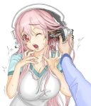  1girl android breasts cable electricity headphones large_breasts long_hair looking_at_viewer male_hand nitroplus one_eye_closed open_mouth pain pink_eyes pink_hair shigeyama_mohachi solo super_sonico tears wince wink 