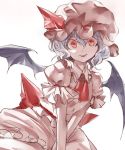  1girl ascot bat_wings blue_hair bow fangs frills hat hat_bow kozou_(soumuden) looking_at_viewer mob_cap open_mouth puffy_sleeves red_eyes remilia_scarlet ribbon shirt short_hair short_sleeves simple_background skirt skirt_set smile solo touhou vest white_background wings 