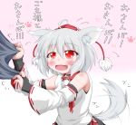  1girl ahoge animal_ears bare_shoulders blush breasts collar detached_sleeves fang fingerless_gloves gloves hat inubashiri_momiji oden_(th-inaba) open_mouth pom_pom_(clothes) red_eyes short_hair silver_hair solo tail tail_wagging tokin_hat touhou translation_request wolf_ears wolf_tail 