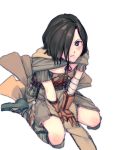  bandaged_arm black_hair dark_souls_2 emerald_herald gloves hair_over_one_eye hands_on_lap highres hood_down lordlessv2 pouch pout sitting solo souls_(from_software) wariza 
