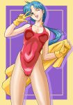  1girl blue_eyes blue_hair breasts character_request copyright_request gloves leotard long_hair one_eye_closed open_mouth pantyhose ponytail sheer_legwear thighs uraharukon v wink 