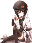  1girl apple bandages bike_shorts black_hair black_legwear food fruit hat leaf maple_leaf red_eyes solo teru_(kazanawa) touhou 