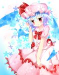  1girl bat_wings blue_hair blush bow floral_background gradient gradient_background hand_in_hair hat hat_ribbon layered_skirt looking_at_viewer mob_cap parted_lips petals red_eyes remilia_scarlet ribbon short_hair short_sleeves skirt skirt_set solo touhou umi_suzume wings 