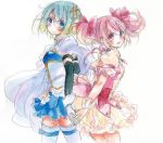  2girls armband back-to-back blue_eyes blue_hair bow cape fina_(sa47rin5) gloves hair_bow hair_ornament hairclip holding_hands kaname_madoka magical_girl mahou_shoujo_madoka_magica mahou_shoujo_madoka_magica_movie miki_sayaka multiple_girls pink_eyes pink_hair short_hair short_twintails simple_background soul_gem thigh-highs twintails white_background zettai_ryouiki 