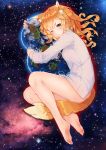  1girl animal_ears bare_legs barefoot blush earth fangxiang_cuoluan firefox fox_ears fox_tail frown green_eyes highres long_hair looking_at_viewer naked_shirt one_eye_closed orange_hair os-tan personification planet shirt solo space tail wink 
