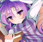  1girl :&lt; bed_sheet blush book breasts eyes_visible_through_hair highres large_breasts long_hair long_sleeves looking_at_viewer lying miton15 multicolored_clothes notebook on_back open_book patchouli_knowledge purple_hair solo_focus touhou violet_eyes 