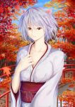  1girl alternate_costume animal_ears blue_sky breasts bridge bust cleavage collarbone hand_on_own_chest highres inubashiri_momiji ishii_(custard-pudding) japanese_clothes kimono leaf light_smile looking_at_viewer maple_leaf no_hat obi parted_lips red_eyes sash short_hair silver_hair sky stream touhou tree water waterfall wide_sleeves wolf_ears 