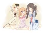  3girls arm_support black_hair blonde_hair blue_dress blue_eyes bunching_hair closed_eyes dress fang hair_ribbon hand_on_another&#039;s_head highres kneeling long_hair luna_child multiple_girls nekomitei nightgown orange_hair pink_dress puffy_short_sleeves puffy_sleeves red_eyes ribbon short_sleeves simple_background sleepwear smile star_sapphire sunny_milk touhou wince 