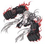  1girl ahoge bodysuit full_body gauntlets glowing greaves grey_hair huge_weapon impossible_clothes kazuoki long_hair open_mouth original simple_background solo very_long_hair violet_eyes weapon white_background 