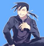  1boy black_hair blue_background formal fullmetal_alchemist gotnojob greed grin happy ling_yao long_hair looking_at_viewer one_eye_closed ponytail shirt simple_background sitting smile solo suit tagme wink 