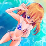  american_flag_bikini bikini blonde_hair blue_eyes elf flag_print one_eye_closed original pointy_ears short_hair standing swimsuit tsukiyono_aroe v wink 