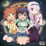  black_hair blue_eyes brown_hair earrings ganaha_hibiki green_eyes grey_hair hairband hiiringu idolmaster jewelry long_hair moon one_eye_closed ponytail rainbow ribbon shijou_takane smile takatsuki_yayoi twintails violet_eyes wink 