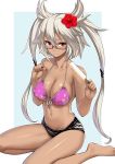  1girl bare_shoulders barefoot bikini blush breasts cleavage dark_skin flower front-tie_top glasses hair_flower hair_ornament kantai_collection large_breasts long_hair looking_at_viewer musashi_(kantai_collection) navel popsicle red_eyes semi-rimless_glasses short_shorts shorts silver_hair solo swimsuit takemori_shintarou twintails under-rim_glasses 