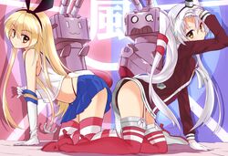  2girls amatsukaze_(kantai_collection) anchor animal_ears black_panties blonde_hair boots brown_eyes caibao elbow_gloves garter_straps gloves hairband hat highres kan kantai_collection long_hair looking_at_viewer multiple_girls panties personification rabbit_ears rensouhou-chan rensouhou-kun robot school_uniform serafuku shimakaze_(kantai_collection) silver_hair skirt striped striped_legwear thighhighs thong turret twintails underwear white_gloves yellow_eyes 