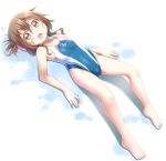  1girl alternate_costume brown_eyes brown_hair competition_swimsuit folded_ponytail gggrande inazuma_(kantai_collection) kantai_collection long_hair looking_at_viewer lying one-piece_swimsuit puddle solo swimsuit white_background 