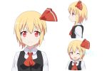  1girl :d ascot blonde_hair blush cato_(monocatienus) collared_shirt dot_pupils from_side hair_ribbon long_sleeves looking_at_viewer one_eye_closed open_mouth red_eyes ribbon rumia short_hair simple_background smile star touhou white_background wink 