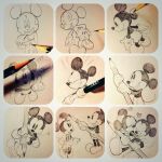  1boy 1girl commentary disney flower fourth_wall gloves graphite_(medium) grin heart kiss mickey_mouse minnie_mouse monochrome moov_(mb_52) pencil photo smile speech_bubble stitched traditional_media work_in_progress 