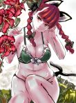  1girl animal_ears bikini braid breasts cat_ears cat_tail cleavage extra_ears flower green_bikini head_tilt highres kaenbyou_rin large_breasts looking_at_viewer matsumatsu multiple_tails paw_pose red_eyes redhead sitting solo swimsuit tail touhou twin_braids wet 