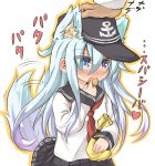  1girl animal_ears blue_eyes eating hat hibiki_(kantai_collection) kantai_collection kemonomimi_mode long_hair musouzuki personification petting school_uniform serafuku silver_hair solo tail tail_wagging 